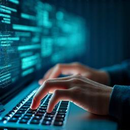 Hands typing on a keyboard with data flowing between disjointed systems represented by abstract icons